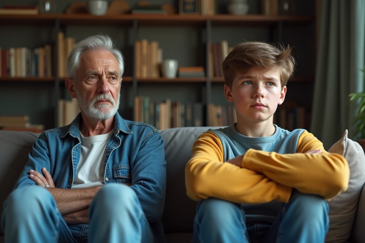 Adolescent et homme assis séparément dans le salon