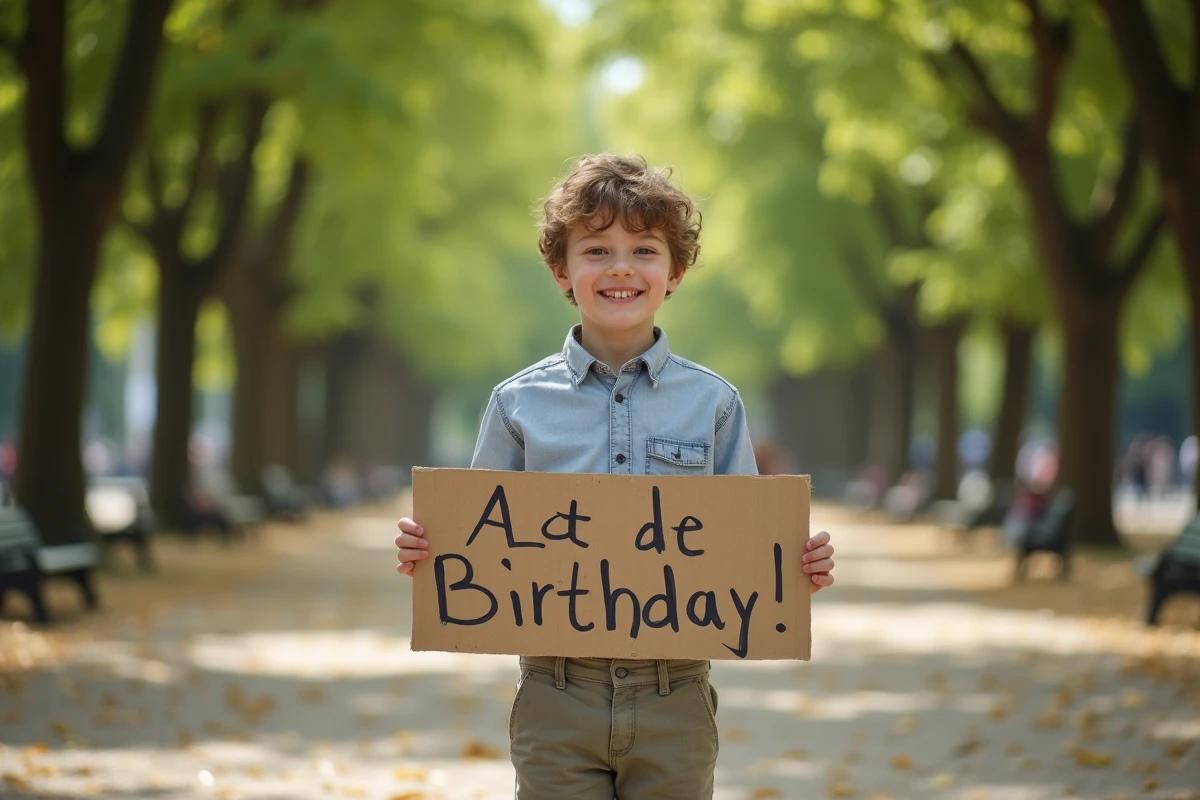 Adolescent dans un parc tenant un panneau d anniversaire créatif