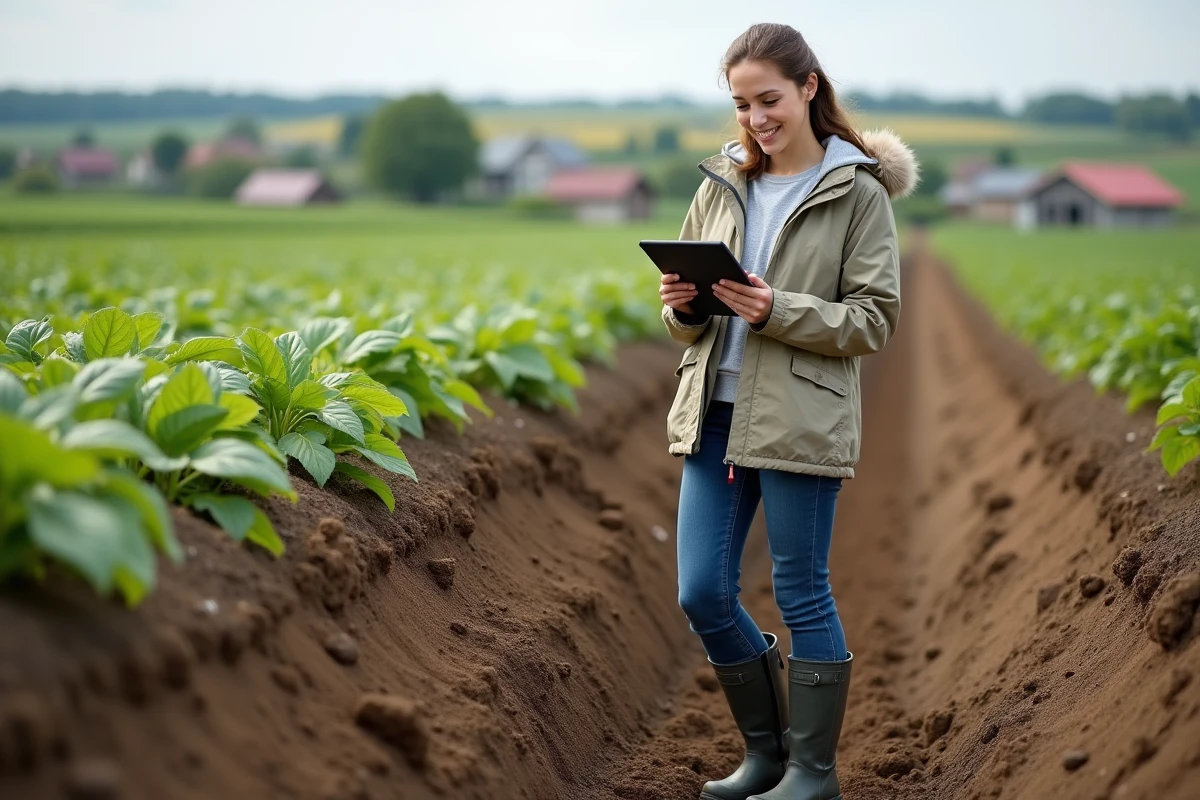 Jeune agronome prenant des échantillons de sol en plein champ