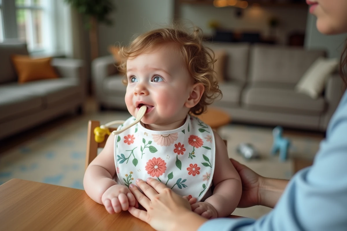 Bébé fille de 6 mois avec une cuillère en silicone