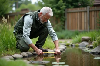 Biologiste mesurant la profondeur d'un étang de jardin naturel