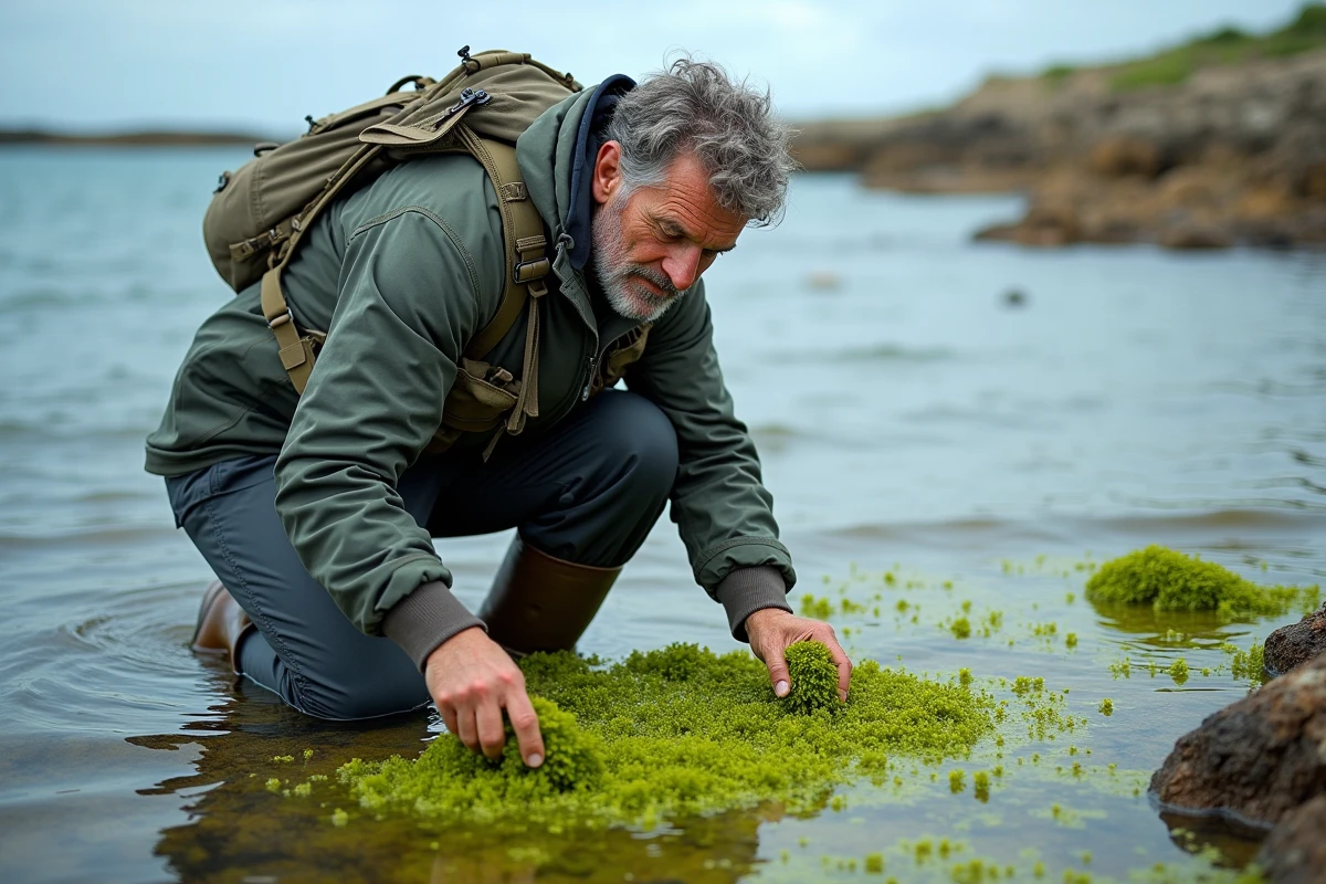 Biologiste marin recueillant des algues en milieu naturel