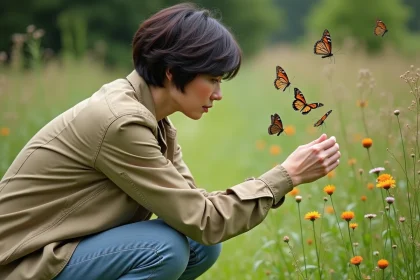 Biologuide femme observant des papillons dans un champ de fleurs