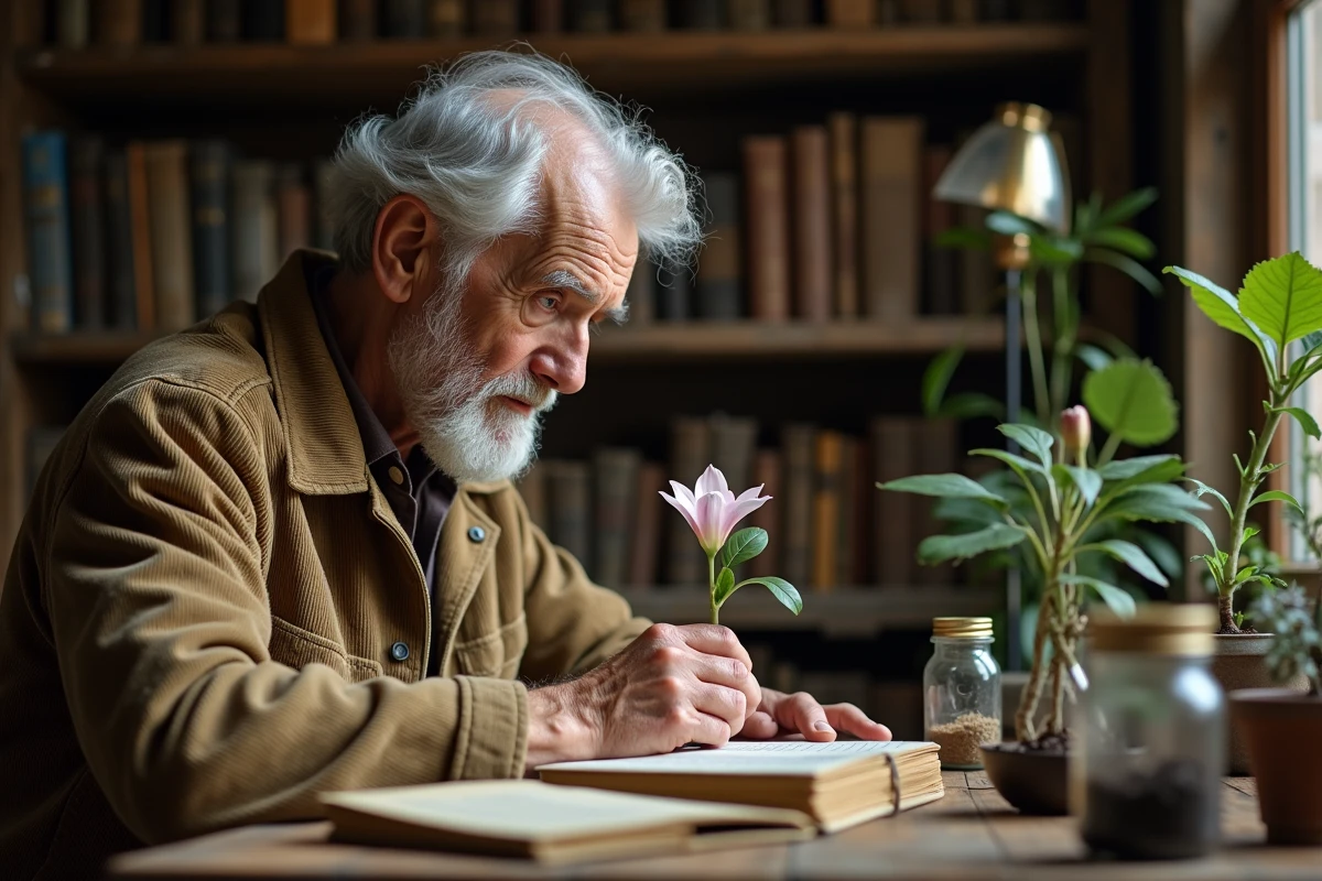 Botaniste âgé étudie une fleur dans son laboratoire