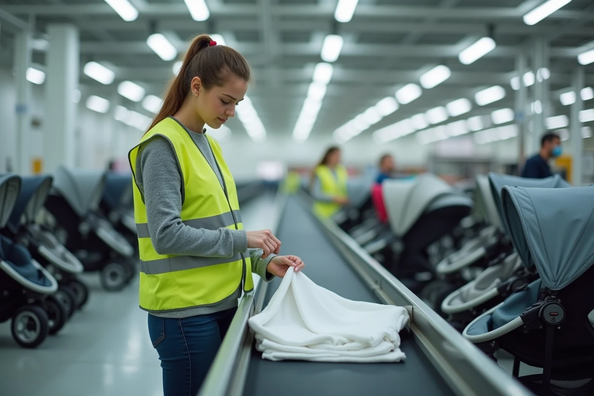 Jeune femme inspecte une poussette sur la ligne de production