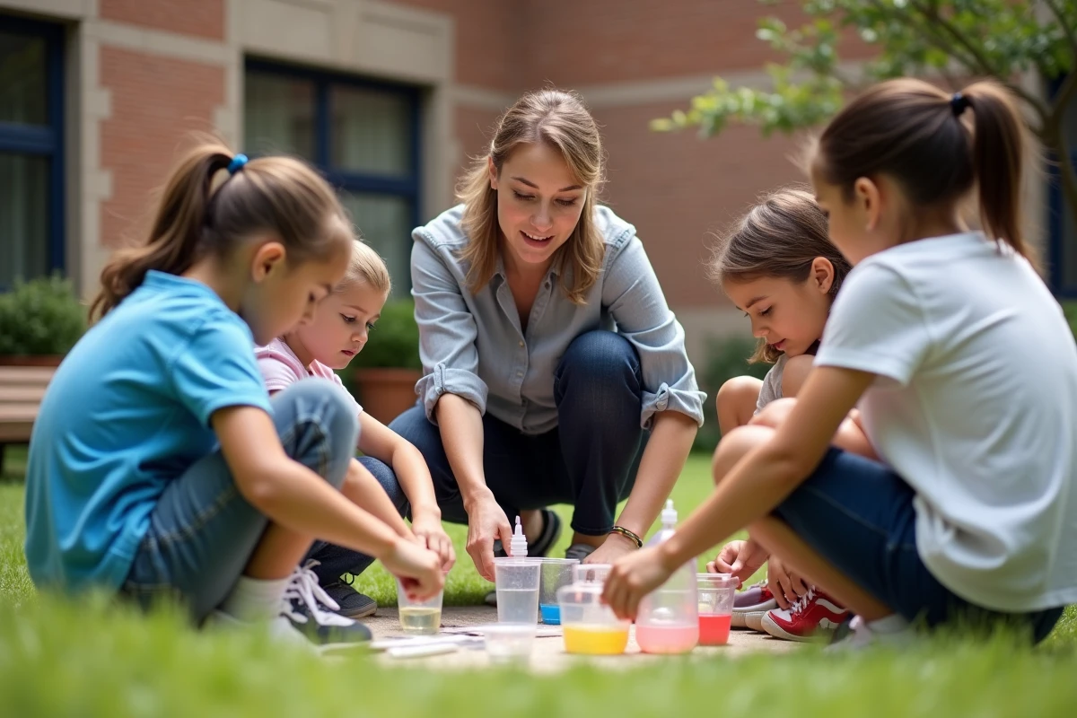 Professeure et enfants en activité scientifique en extérieur