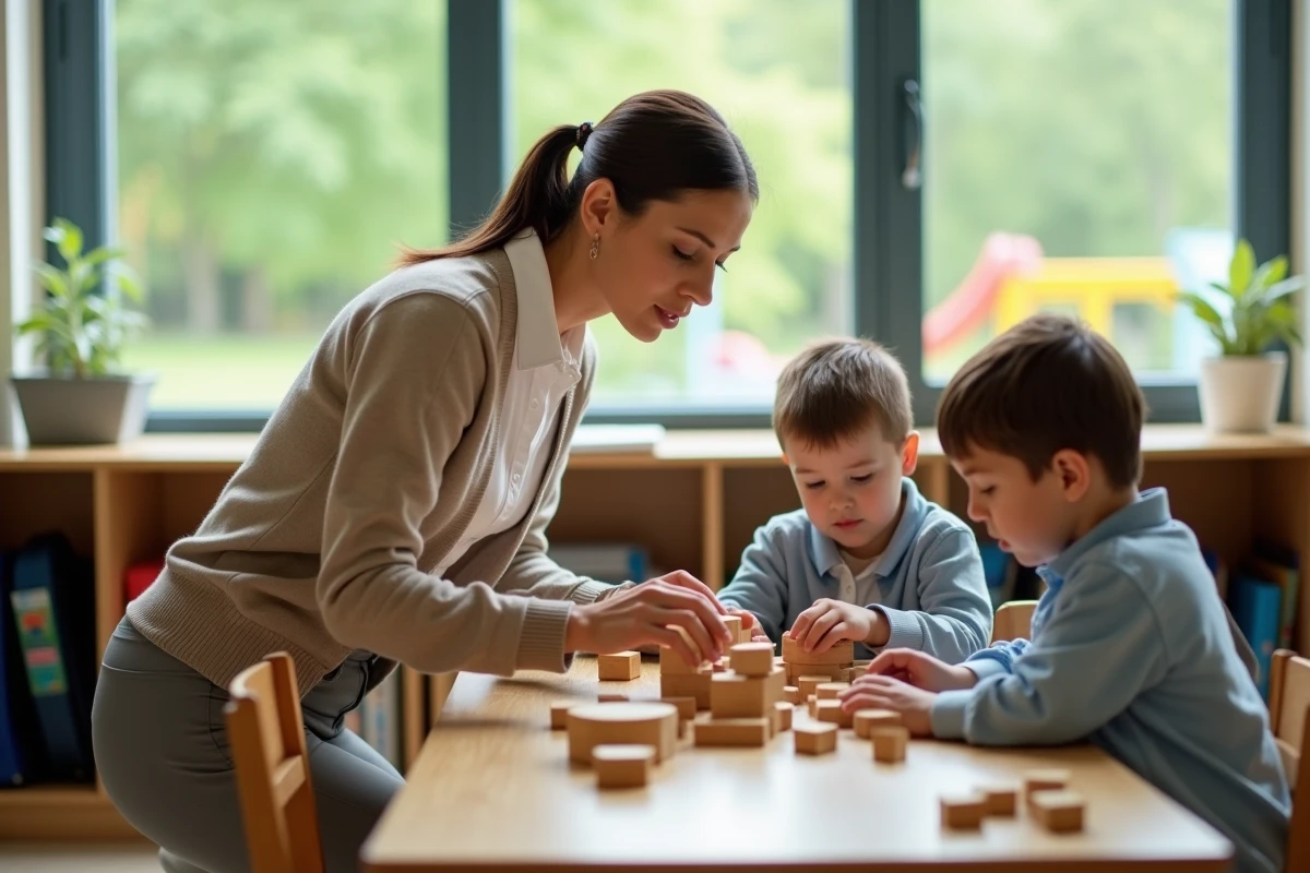 Enseignante aidant deux enfants avec des blocs en classe
