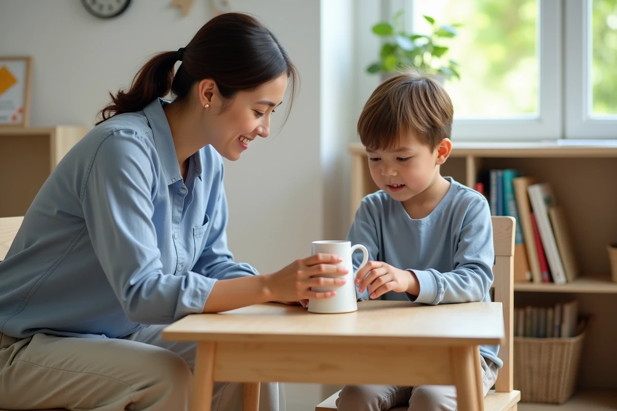 Enseignante observant un enfant versant de l