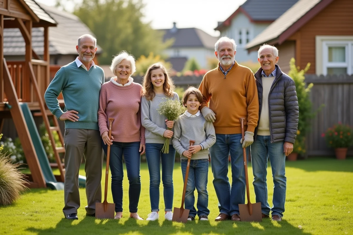 Famille multigenerations dans le jardin ensoleille
