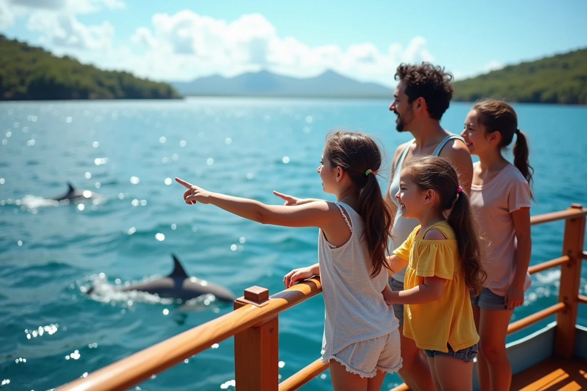 Famille heureuse pointant vers les dauphins depuis un bateau à la Réunion