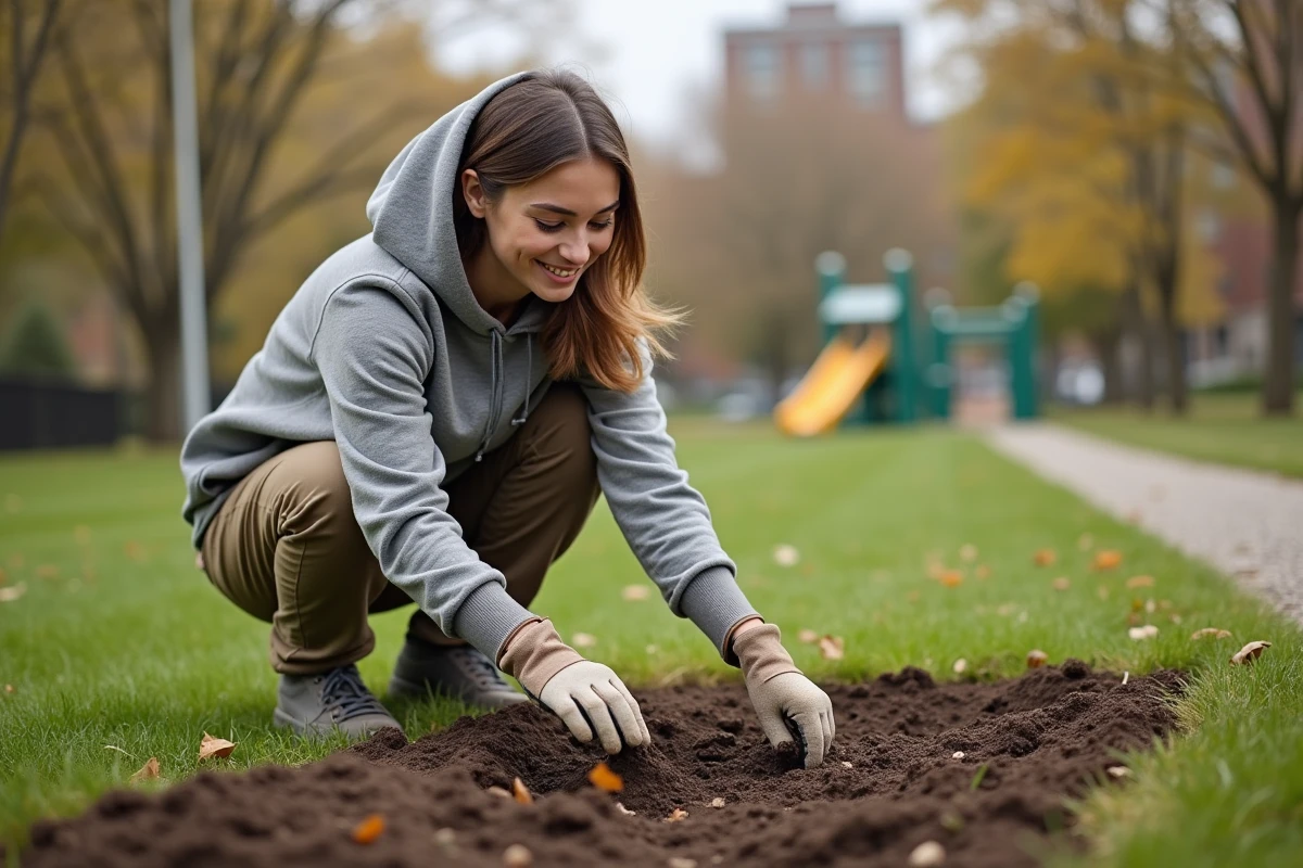 Jeune femme inspectant des trous dans la pelouse après aération