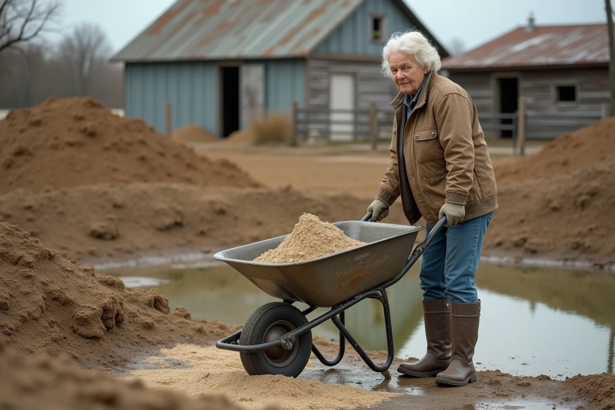 Femme âgée étale de la bentonite dans un étang rural