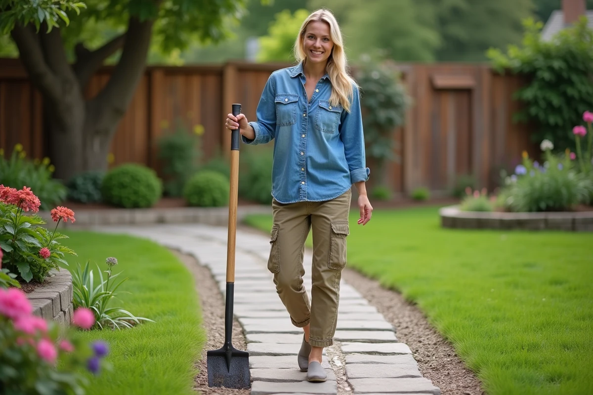 Jeune femme en denim et cargo regardant le chemin de pierre