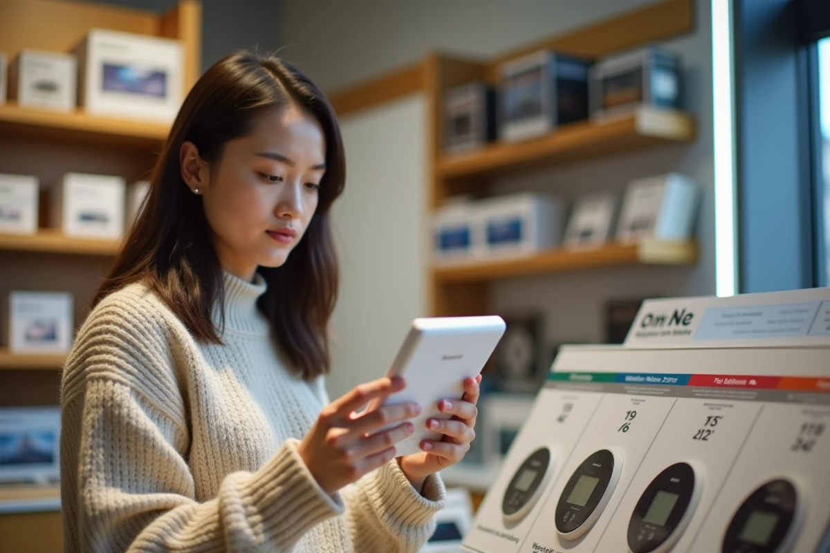 Jeune femme comparant stations météo en magasin