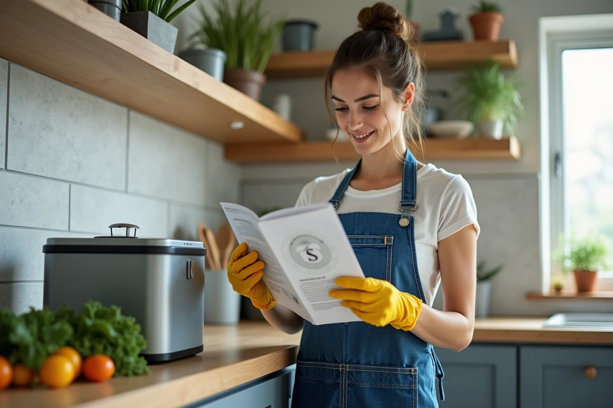 Jeune femme lisant un guide de compostage dans une cuisine lumineuse