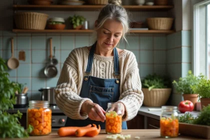 Femme en tricot et tablier arrangeant des légumes pour la conserve