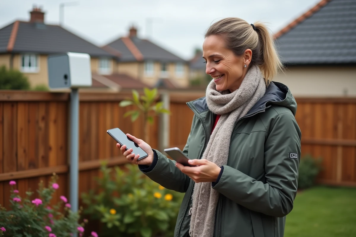 Femme regardant un affichage météo dans son jardin