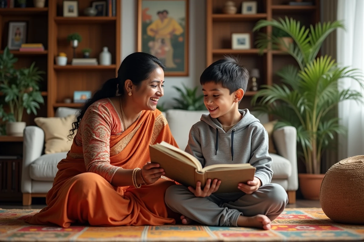 Femme en sari et garçon discutant dans un salon chaleureux