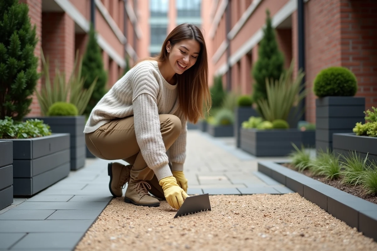 Jeune femme étalant du gravier sur un chemin urbain
