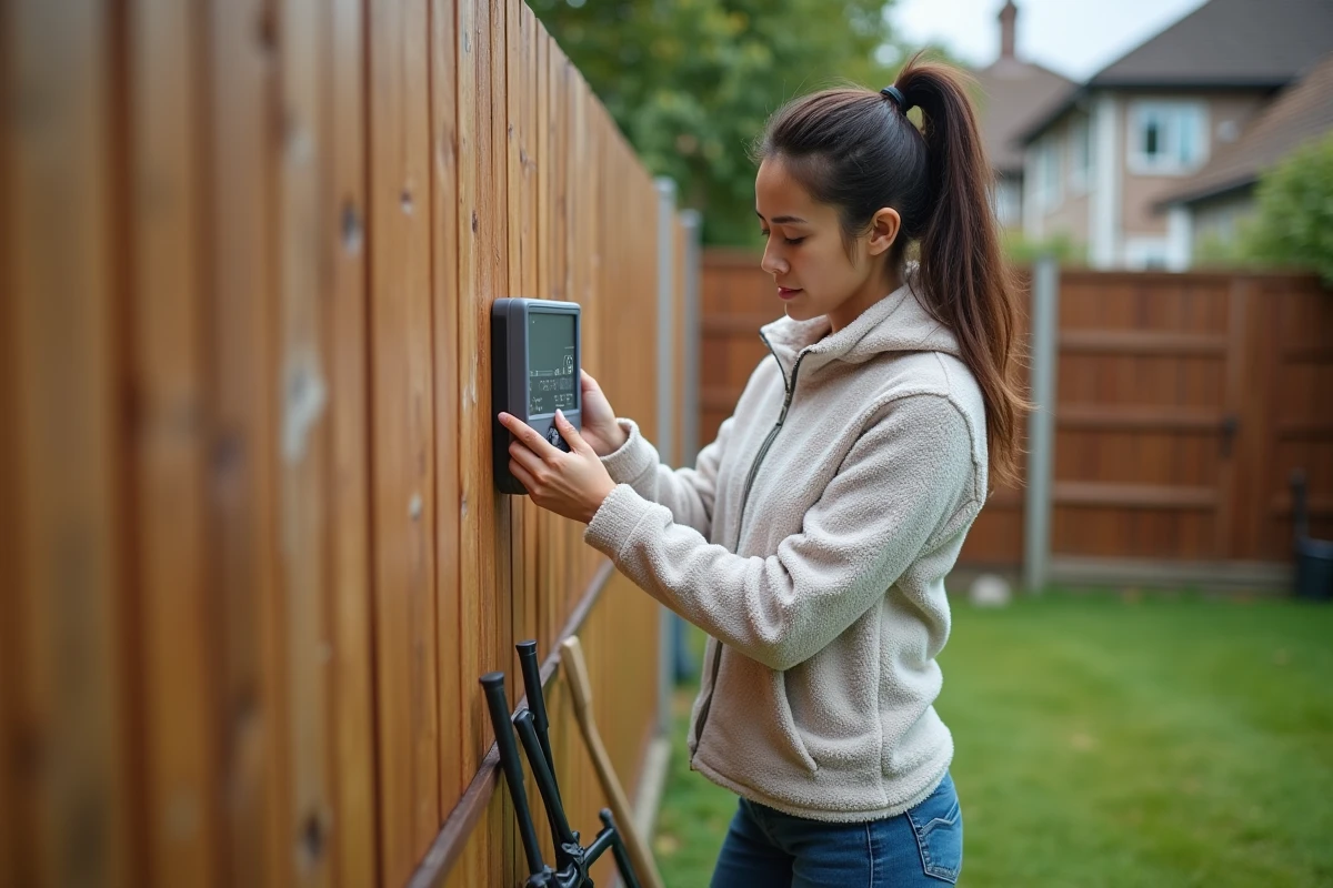 Femme pose un capteur météo sur une clôture en bois dans le jardin