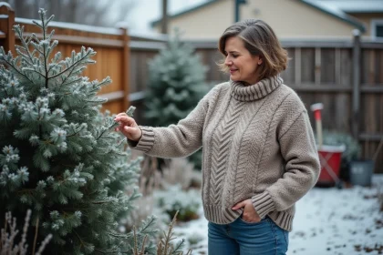 Femme en pull laine dans un jardin d'hiver
