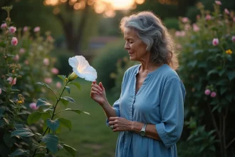 Femme en robe bleue observant une glycine au crépuscule