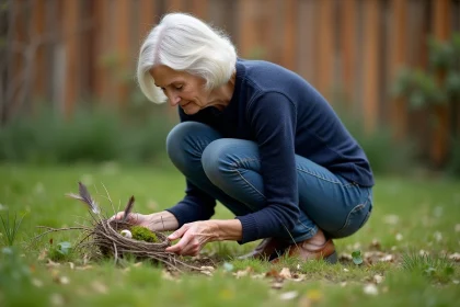 Femme âgée dans son jardin avec nid d'oiseau