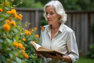 Femme observant des papillons dans son jardin en été