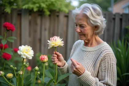 Femme touchant une fleur de ranunculus dans son jardin