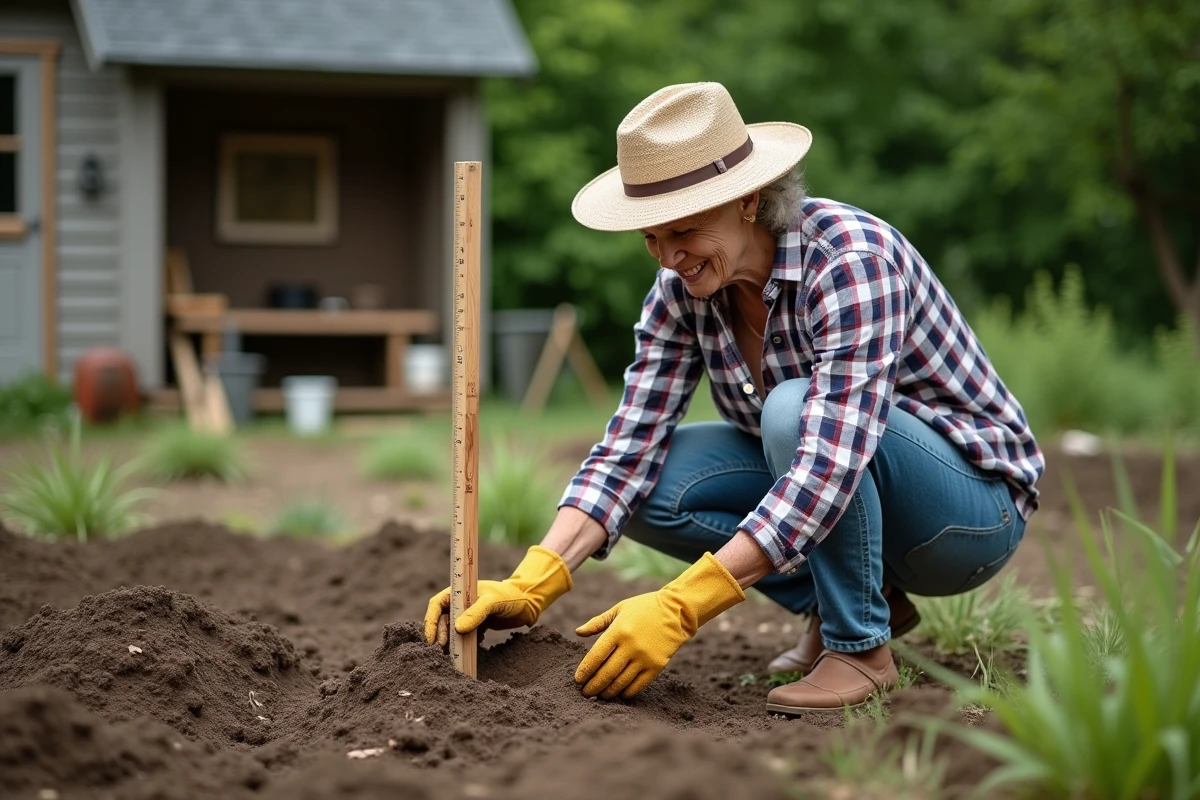 Femme âgée inspectant la terre fraîchement travaillée au jardin