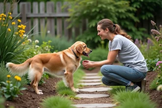 Femme en jardinage avec un chien dans un jardin verdoyant