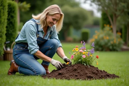 Femme en jardinage arrangeant des fleurs sur un monticule