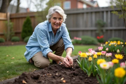 Femme plantant des bulbes de ranunculus dans un jardin au printemps