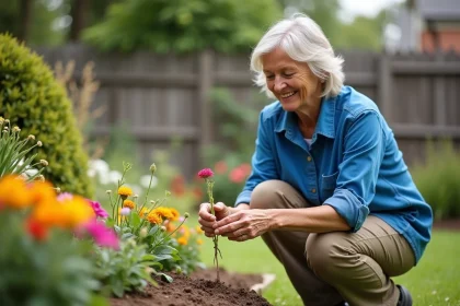 Femme souriante en jardinage arrosant des fleurs colorées