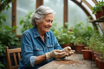 Femme âgée examinant des graines dans un serre