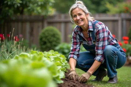 Femme en salopette en train de jardiner dans un jardin verdoyant