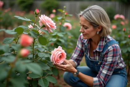 Femme jardinier examine un rosier avec un œil étrange
