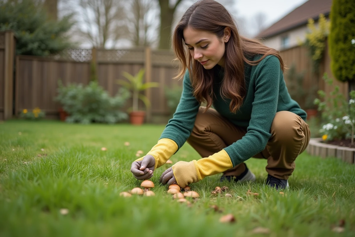 Jeune femme récolte des petits champignons dans son jardin