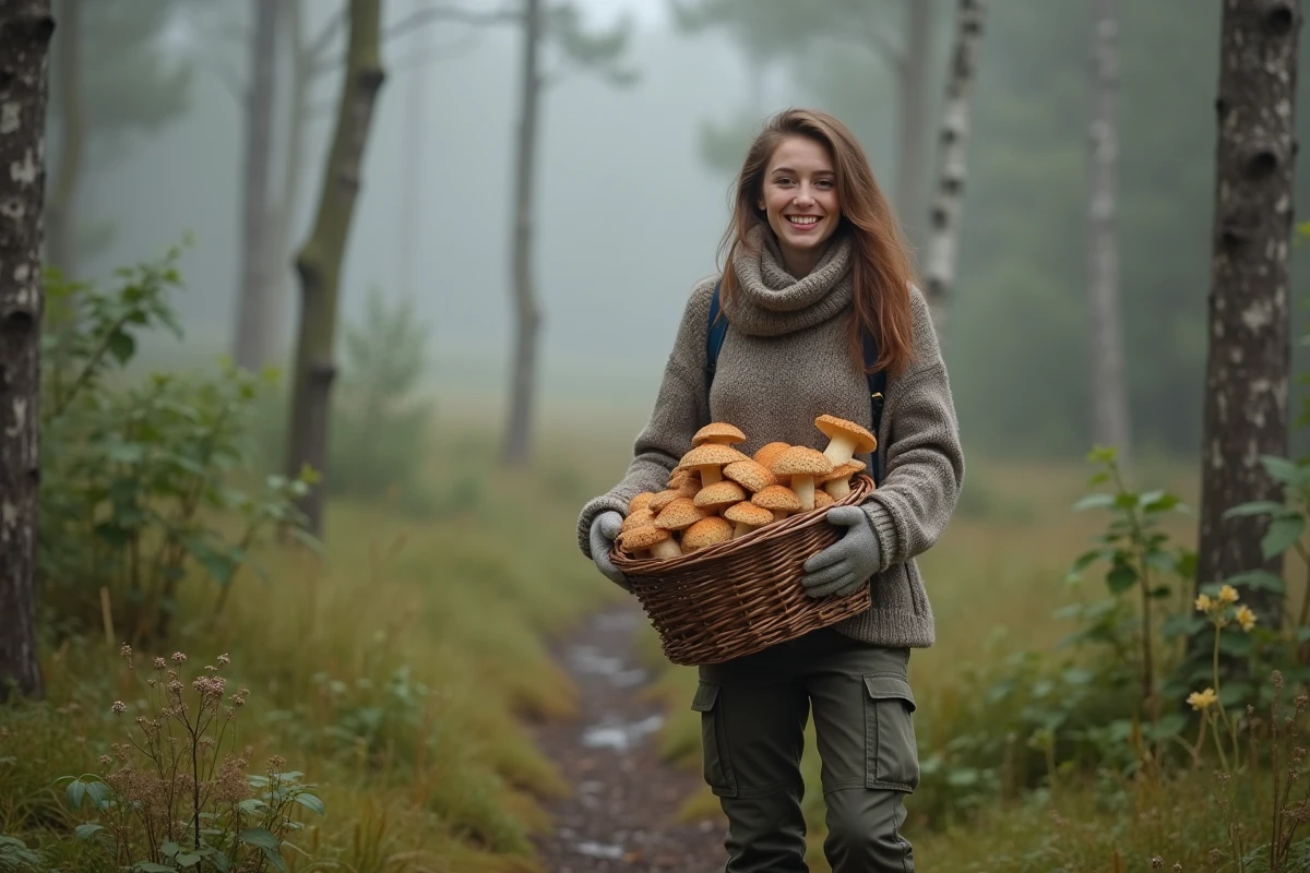Jeune femme souriante avec panier de champignons