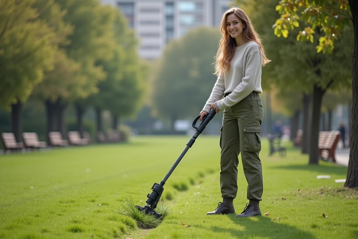 Femme souriante utilisant un outil pour enlever une mauvaise herbe