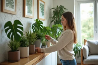 Femme arrangeant plantes vertes dans un salon lumineux