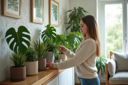 Femme arrangeant plantes vertes dans un salon lumineux