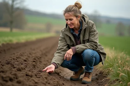 Femme en plein air touchant le sol avec réflexion