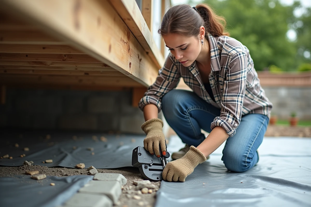 Femme installant une membrane étanche sur une terrasse en construction