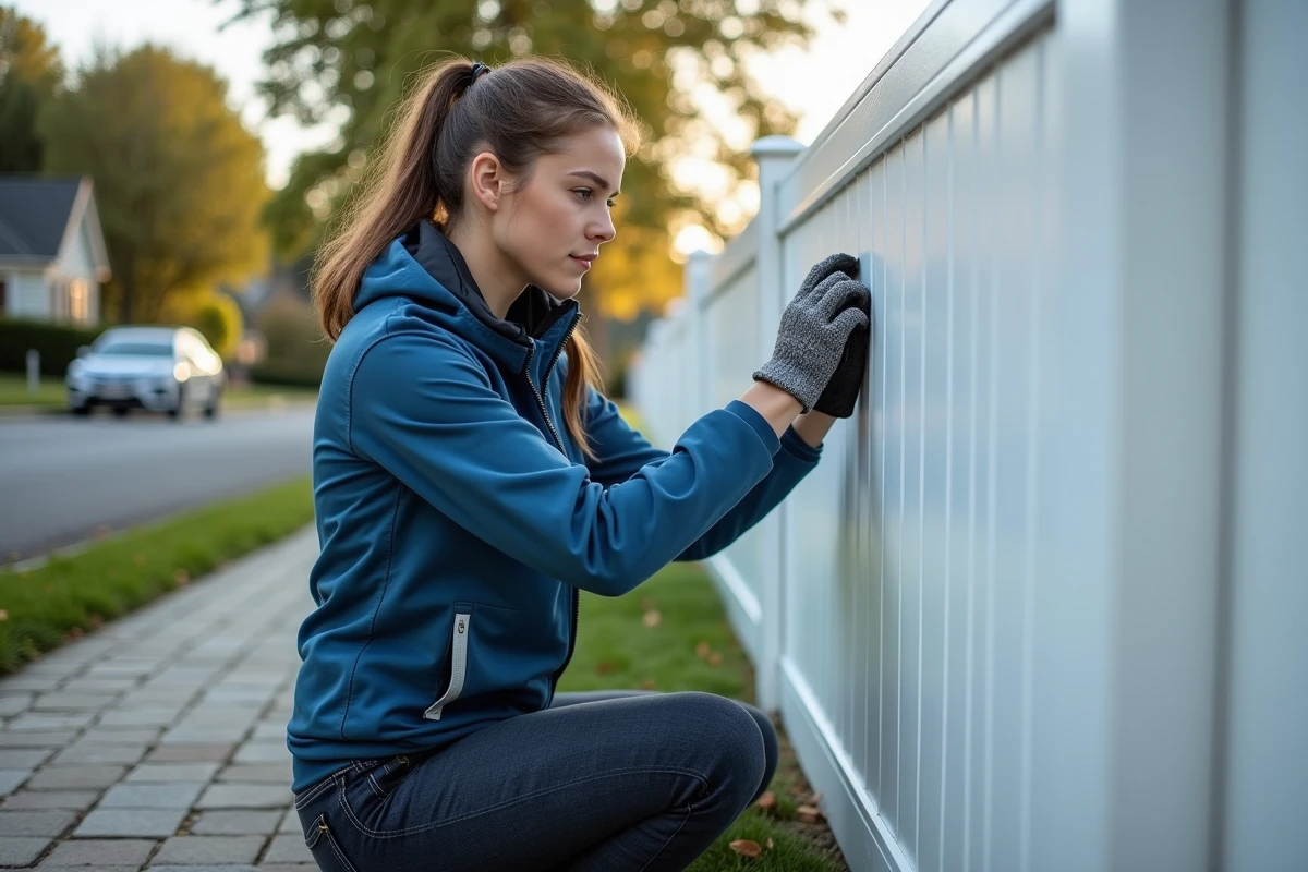 Jeune femme posant des lattes de clôture dans une cour résidentielle