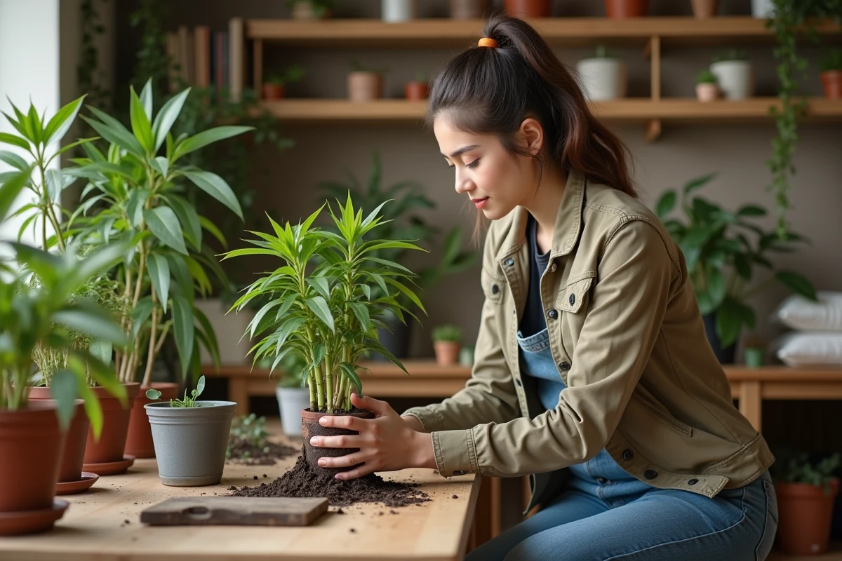 Jeune femme plantant un bambou dans un espace intérieur cosy