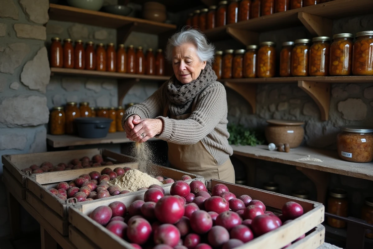 Femme âgée versant du sable sur des betteraves dans une cave