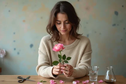 Femme en trentaines tenant une rose fanée en la coupant