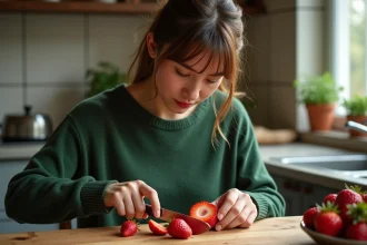 Jeune femme coupant une fraise dans une cuisine chaleureuse