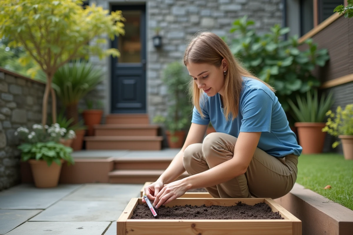 Jeune femme vérifiant le pH du sol dans un jardin moderne